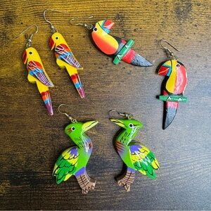 Wooden Parrot Bird Earrings Bundle Hand Painted Colourful